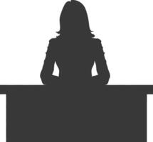 Silhouette news anchor women in action sit in front desk black color only vector