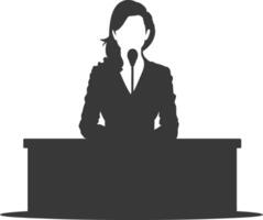 Silhouette news anchor women in action sit in front desk black color only vector