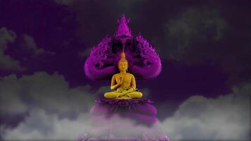 gold buddha protected by the hood of the dark magenta mythical king naga with night sky gray cloud time lapse video