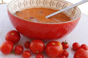 gazpacho soup, a cold spanish tomato soup, eaten in the summer in spain photo
