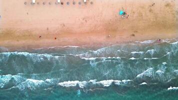 aéreo Visão do sereno de praia com guarda-chuvas e calma ondas em uma ensolarado tarde video