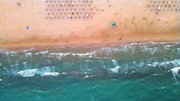 aereo Visualizza di sereno spiaggia con sole lettini e dolce onde a tramonto video