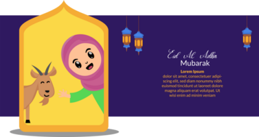 happy eid al adha celebration background with illustration of cute little girl muslim and sacrificial goat png