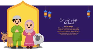 content eid Al adha fête Contexte avec des illustrations de mignonne les musulmans des gamins et animal chèvres et mouton sacrificiel png