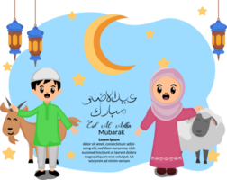 eid al adha celebration background with illustration of cute kid muslim hold goat and sheep sacrificial png