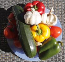 Tomates, calabacín, campana pimienta, ajo foto