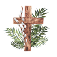 Easter cross with catkins on wooden background, palm sunday religious concept abstract. Willow twigs and palm leaves composition. For design. religious, flyer, template png