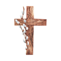 Easter cross with catkins on wooden background, palm sunday religious concept abstract. Willow twigs composition. For design. religious, flyer, template png