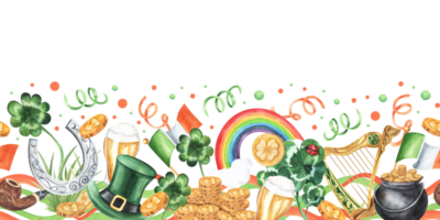 St. Patrick's Day watercolor seamless border. Rainbow, harp, pot of gold, coins money, clover, beer, flag of ireland. Hand drawn illustration . For print, design, invitations, etc. png