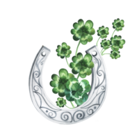 Illustration of hand drawn watercolor horseshoe with clover. Symbols of Ireland and luck. St. Patricks day, lucky charms. png