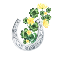 Illustration of hand drawn watercolor horseshoe with clover. Symbols of Ireland and luck. St. Patricks day, lucky charms, yellow flowers. png