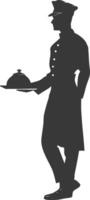 silhouette bellboy hotel in action full body black color only vector