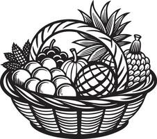 basket with fruits illustration black and white vector