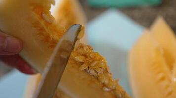 Extreme Close up View of Chef Using Knife to Remove Seeds From Melon video