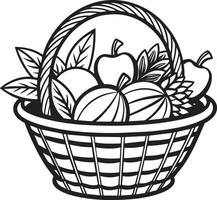 basket with fruits illustration black and white vector