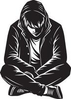 sad man sitting illustration black and whit silhouette vector