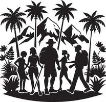 silhouettes of tourist people on the beach illustration black and white vector