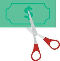 Cutting or lowering price concept. scissors cutting money bill in half. illustration in flat style vector