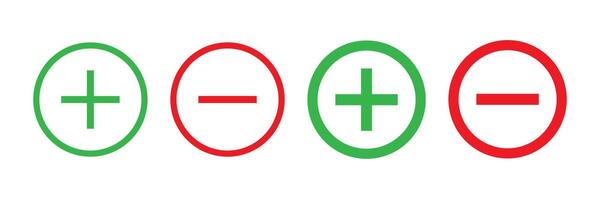 Round plus and minus icons set with different thicknesses. vector