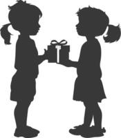 silhouette little girl and little boy couple exchange gift box black color only vector