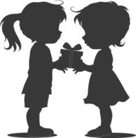 silhouette little girl and little boy couple exchange gift box black color only vector