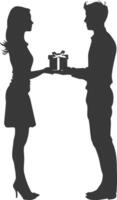 silhouette man and women couple exchanging gifts black color only vector