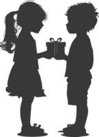 silhouette little girl and little boy couple exchange gift box black color only vector