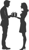 silhouette man and women couple exchanging gifts black color only vector