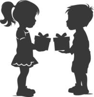 silueta pequeño niña y pequeño chico Pareja intercambiar regalo caja negro color solamente vector
