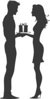 silhouette man and women couple exchanging gifts black color only vector