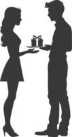 silhouette man and women couple exchanging gifts black color only vector