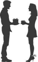 silhouette man and women couple exchanging gifts black color only vector