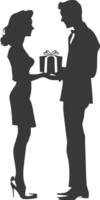 silhouette man and women couple exchanging gifts black color only vector