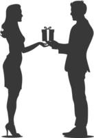 silhouette man and women couple exchanging gifts black color only vector