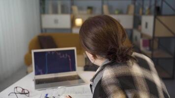 Woman examining dollar chart, nervous. video