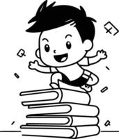 Boy sitting on a pile of books. cartoon character illustration. vector