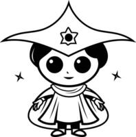 Black and White Cartoon Illustration of Cute Little Wizard Character for Coloring Book vector