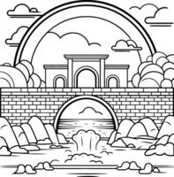 Brick bridge over the river. Black and white illustration. vector