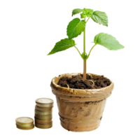 Flowers in a Pot with Coins Growth on Transparent Background png