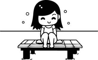 Girl sitting on a pontoon in the sea. vector