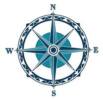 Nautical guidance compass for ocean and sea navigation, blue shades, with start and ornaments vector