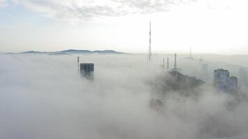 de mystiek ochtend- stad van vladivostok met huizen gehuld in mist video