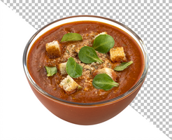 Instant tomato soup with croutons isolated on white background psd