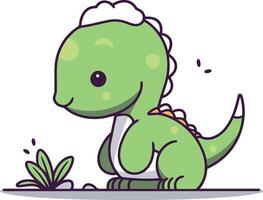 Cute dinosaur sitting on the ground in cartoon style. vector