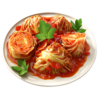 Vegan stuffed cabbage rolls in a Plate on Transparent Background png