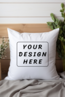 White Pillow mockup on the bed with plant and flowers psd