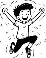 Happy boy jumping with raised hands in cartoon style. vector