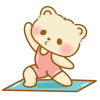 Hand drawn illustration Kawaii Yellow Bear doing Yoga stretching pose meditation cute cheerful character poster clipart print isolated on white. png