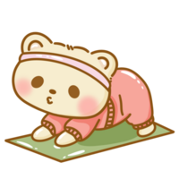 Hand drawn illustration Kawaii Yellow Bear doing Yoga stretching pose meditation cute cheerful character poster clipart print isolated on white. png