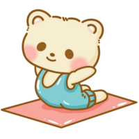 mano disegnato illustrazione kawaii giallo orso fare yoga allungamento posa meditazione carino allegro personaggio manifesto clipart Stampa isolato su bianca. png